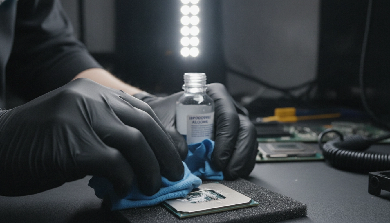Nettoyage minutieux de l'ancienne pâte thermique sur un processeur d'ordinateur à l'aide d'un chiffon