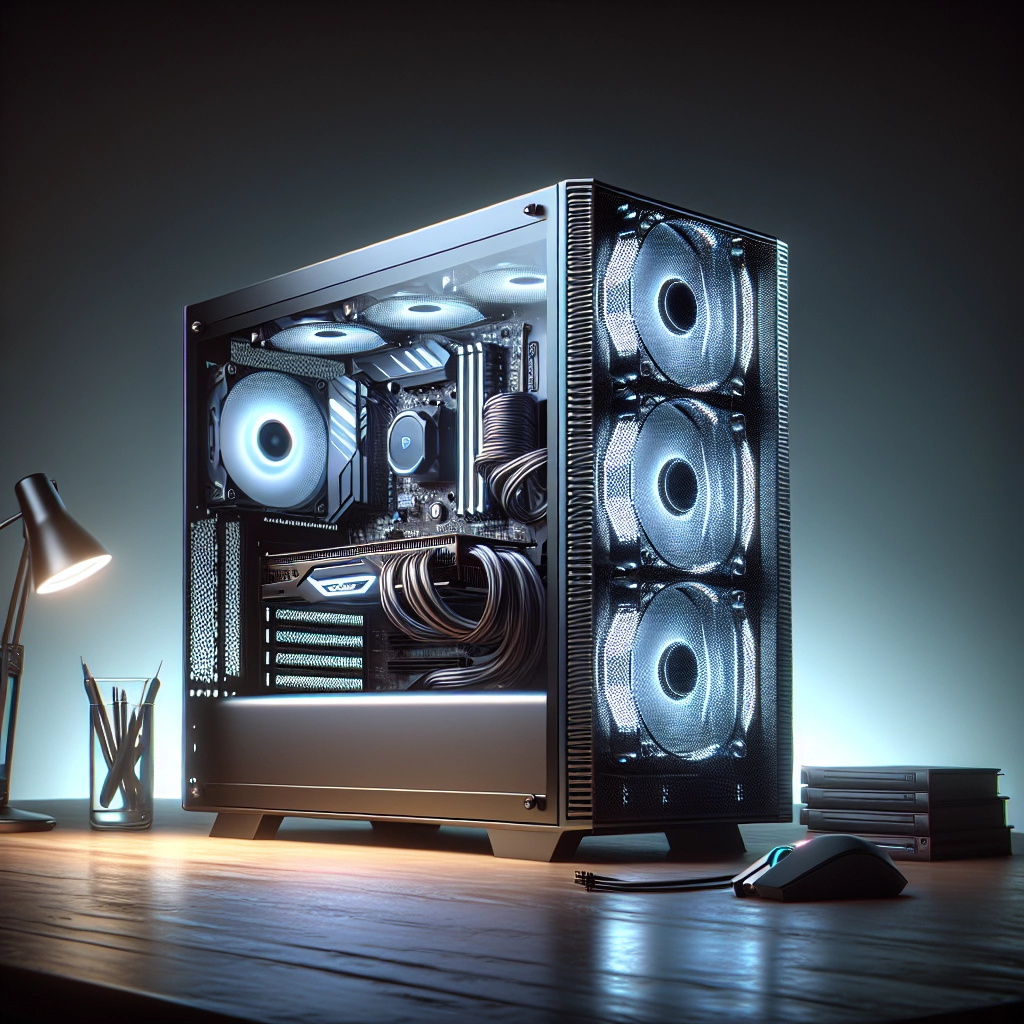 Pc gaming préassemblé sur un bureau moderne avec boîtier vitré, bon airflow et câble management propre