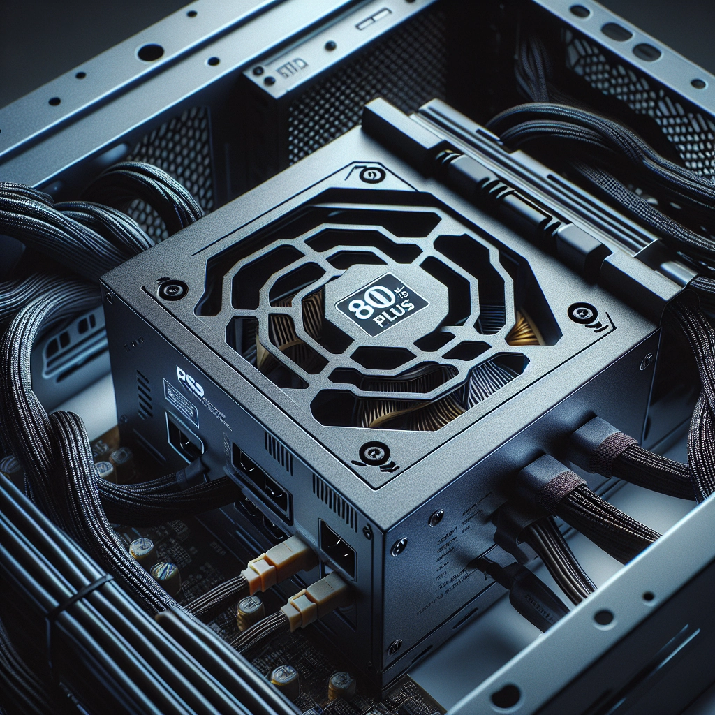 Gros plan sur une alimentation de qualité installée dans un PC gaming, câbles rangés et filtre anti-poussière