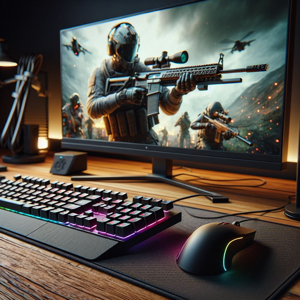 Périphériques gaming innovants sur un bureau moderne : clavier mécanique, souris sans fil et écran haute fréquence