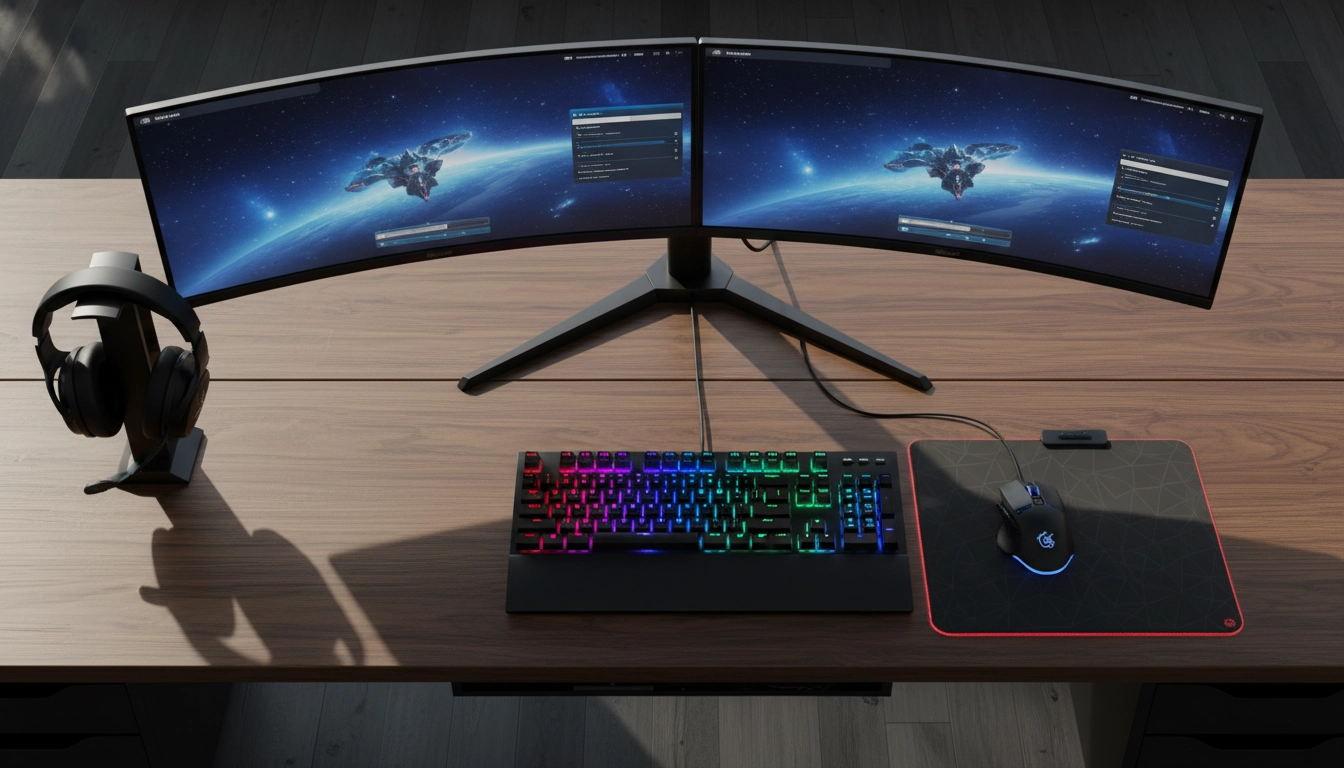 Setup gaming complet illustrant les périphériques gaming essentiels disposés sur un bureau sombre avec éclairage RGB