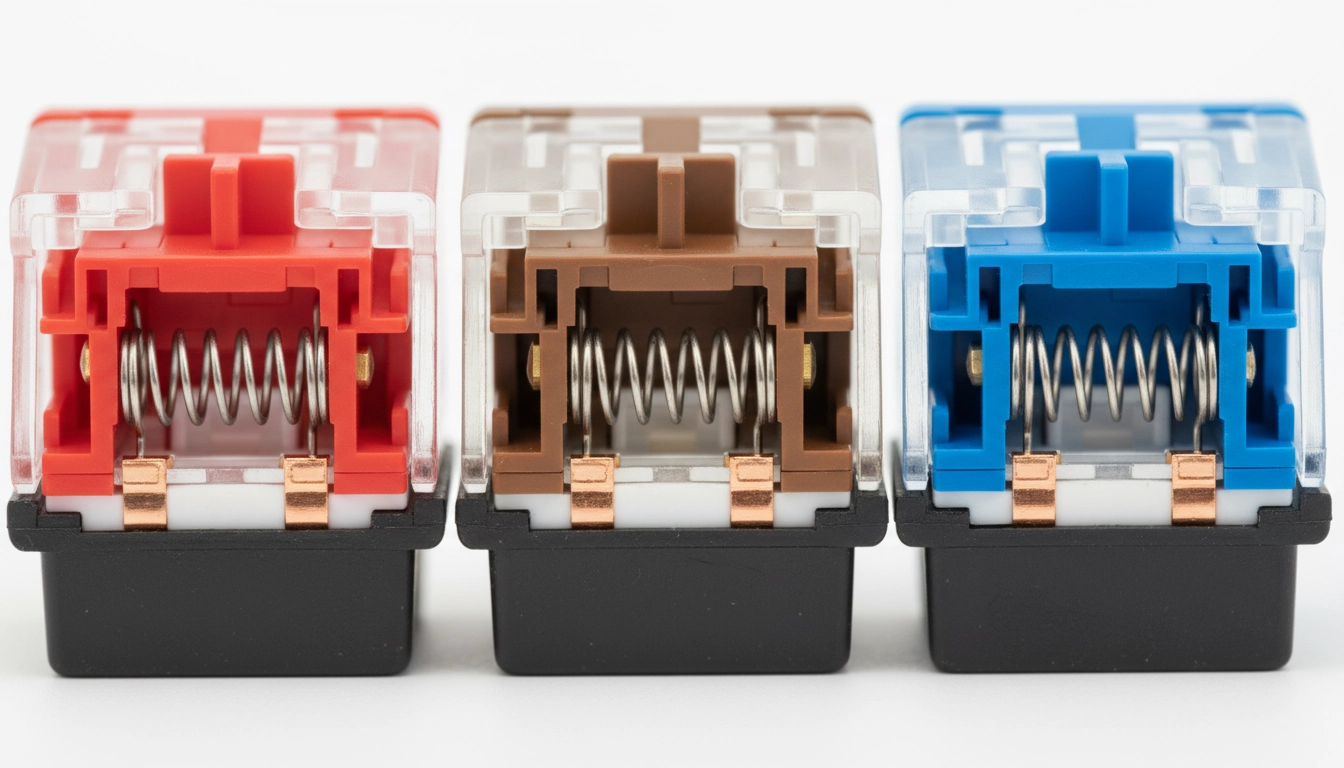 Gros plan sur des switches mécaniques de clavier gaming en coupe, montrant les mécanismes internes rouge, marron et bleu