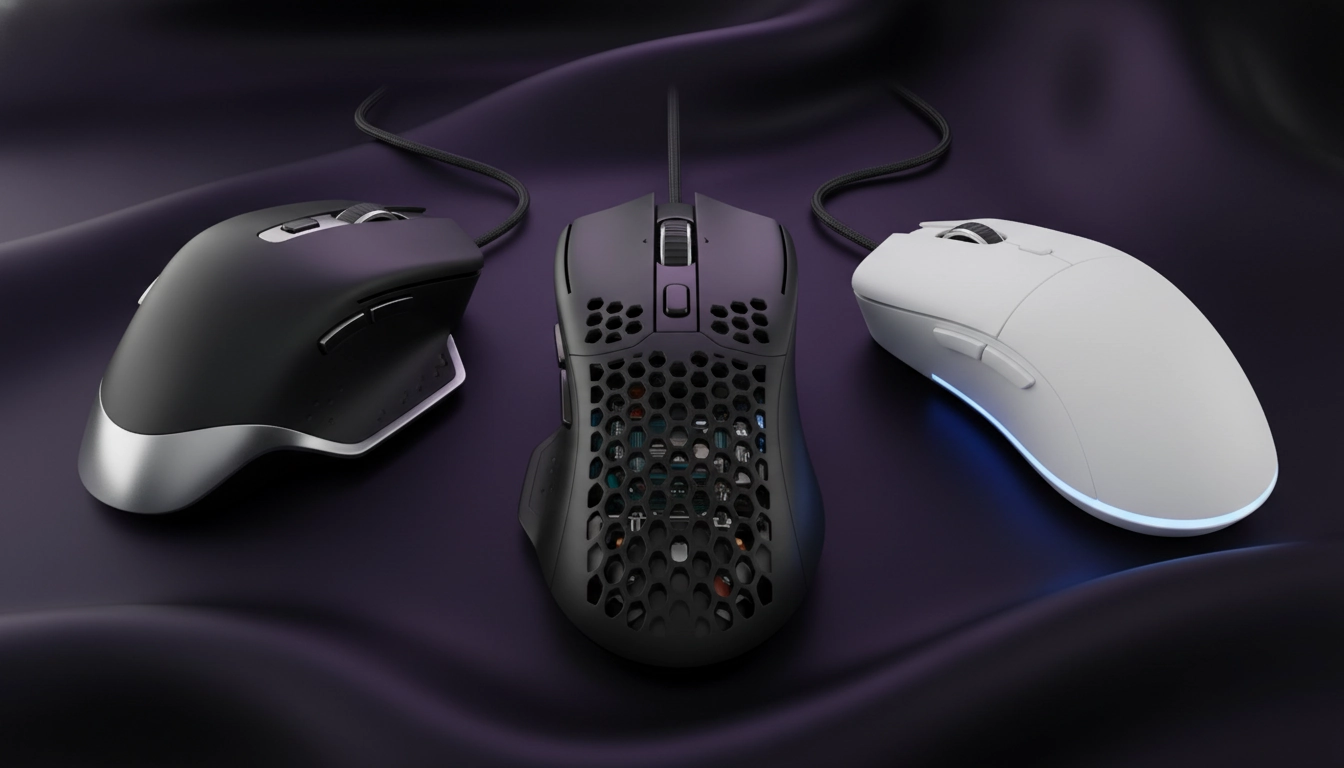 Collection de souris gaming de différentes formes et ergonomies présentées sur fond sombre pour comparer les designs
