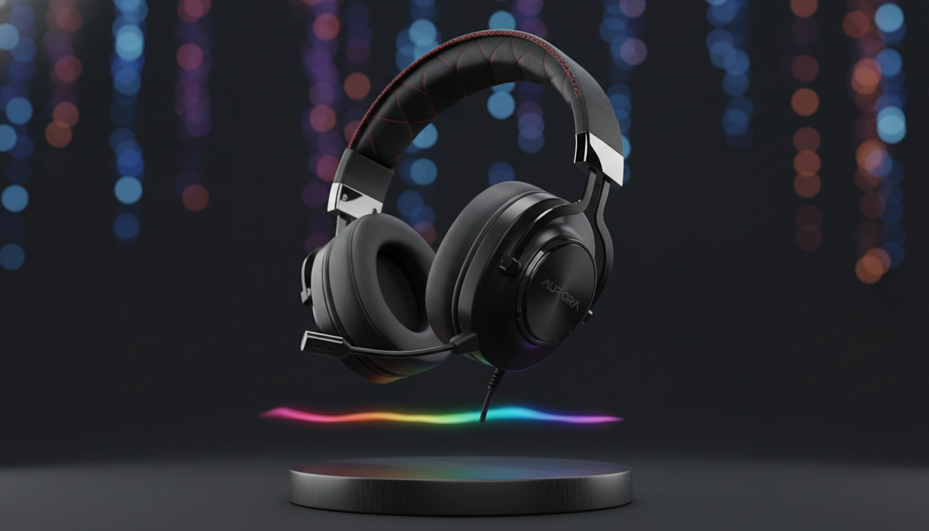 Casque audio gaming premium avec coussinets et microphone présenté sur fond sombre avec reflets RGB