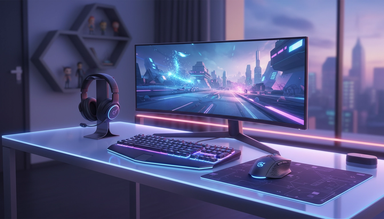 Setup gaming complet avec périphériques gaming essentiels : clavier mécanique, souris gaming, écran haute fréquence et casque audio sur un bureau organisé