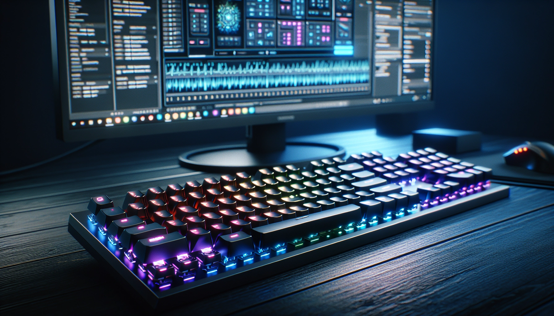 Clavier gaming mécanique allumé en RGB violet et bleu pour personnaliser clavier gaming macros rgb