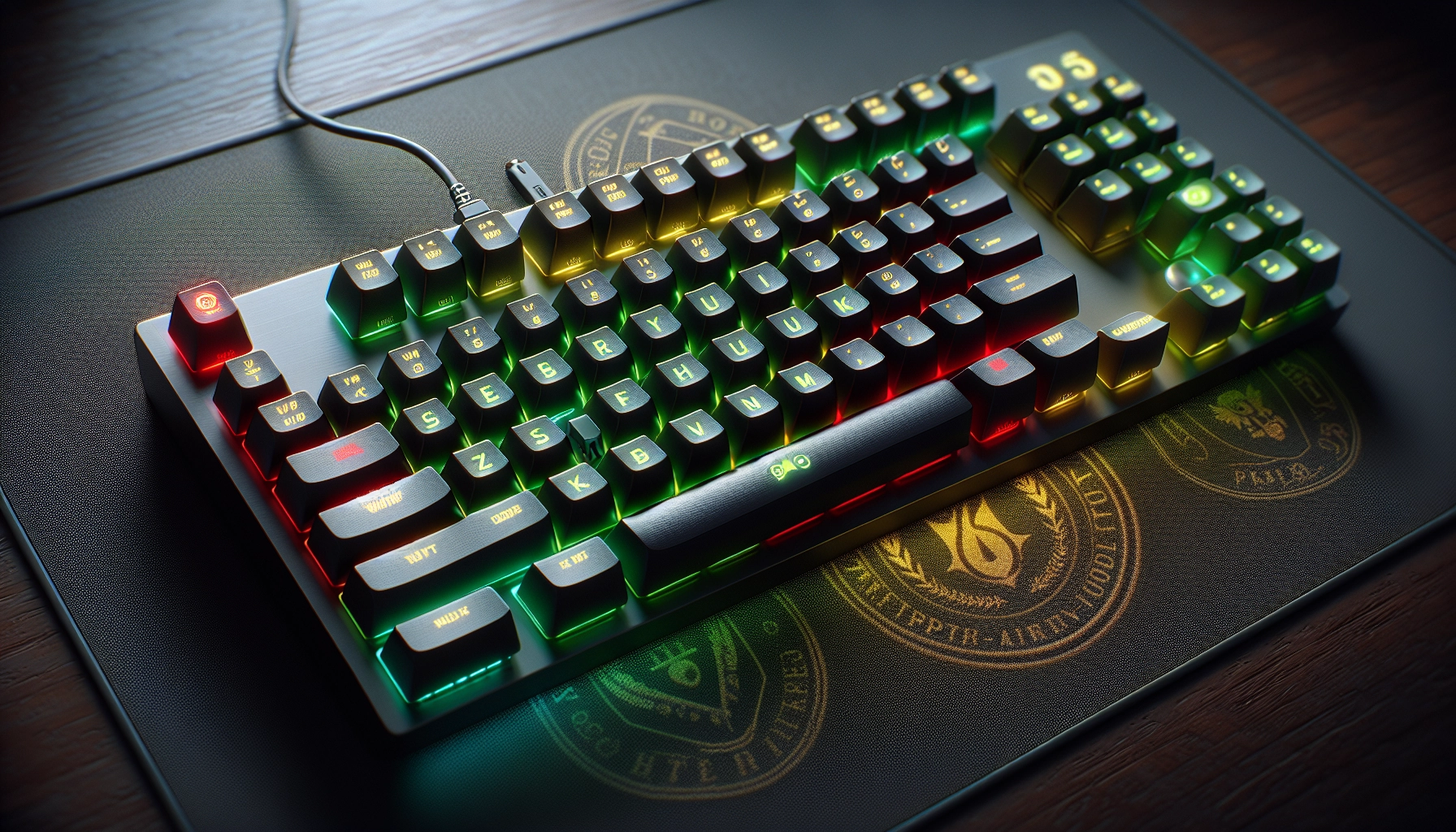 Vue du dessus d'un clavier gaming avec zones de touches colorées en RGB personnalisées par profil de jeu