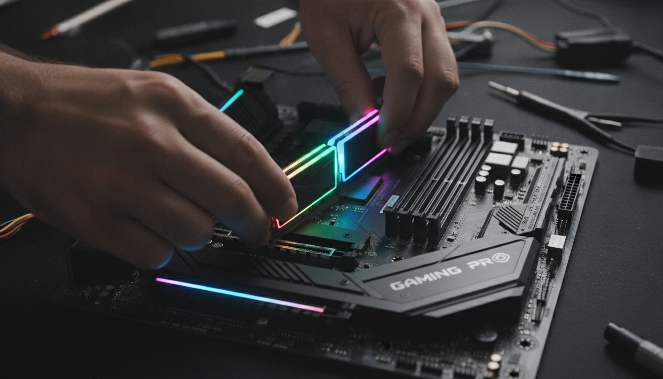 Insertion minutieuse d'un module de mémoire vive dans le slot A2 d'une carte mère de PC gamer.