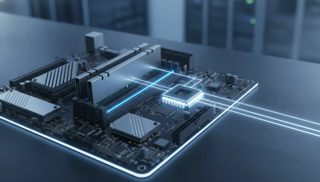 Gros plan sur le placement barrettes ram dual channel sur une carte mère gamer avec éclairage RGB.