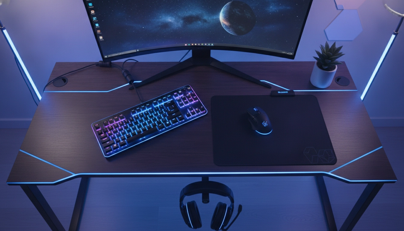 Exemple parfait d'un placement clavier souris casque bureau gaming pour un confort optimal.