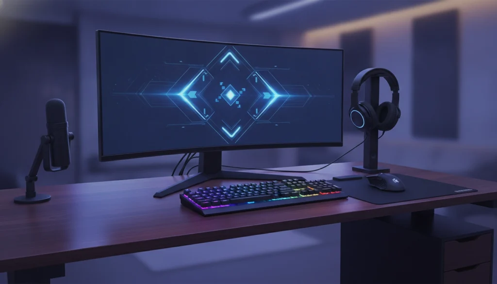 Exemple parfait d'un placement clavier souris casque bureau gaming pour un confort optimal.