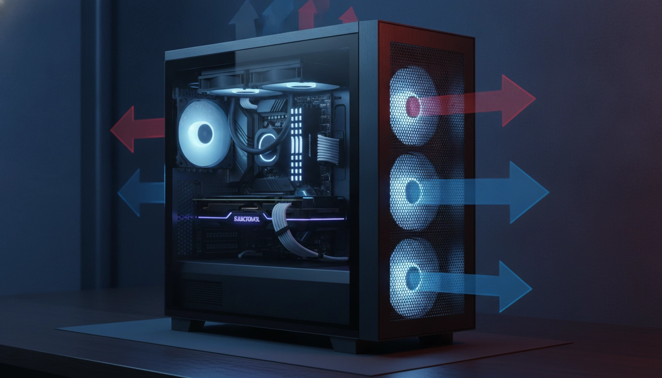 Schéma illustrant le meilleur placement ventilateurs boîtier pc pour une aspiration optimale en façade et une extraction arrière.
