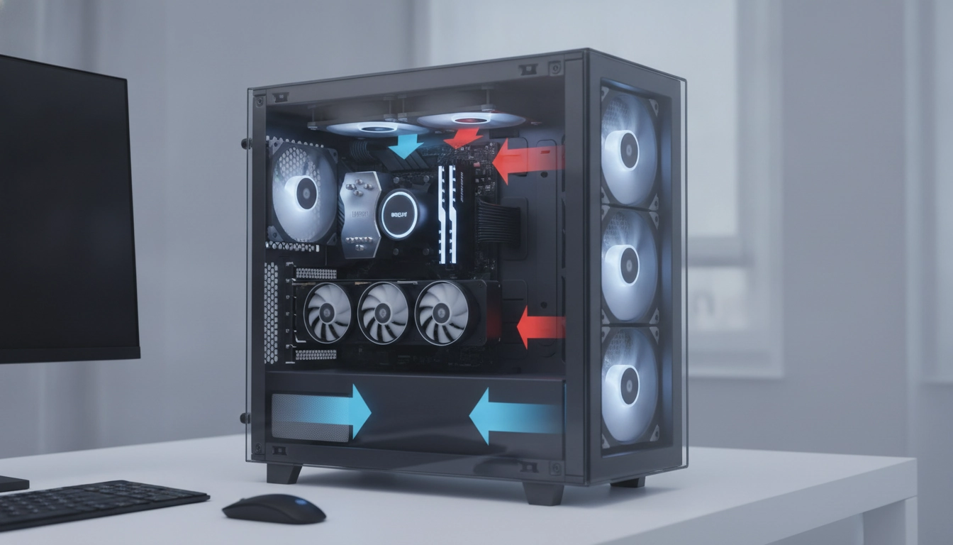 Un boîtier PC gaming ouvert montrant le meilleur placement ventilateurs boîtier pc avec un éclairage RGB subtil et un flux d'air optimal.