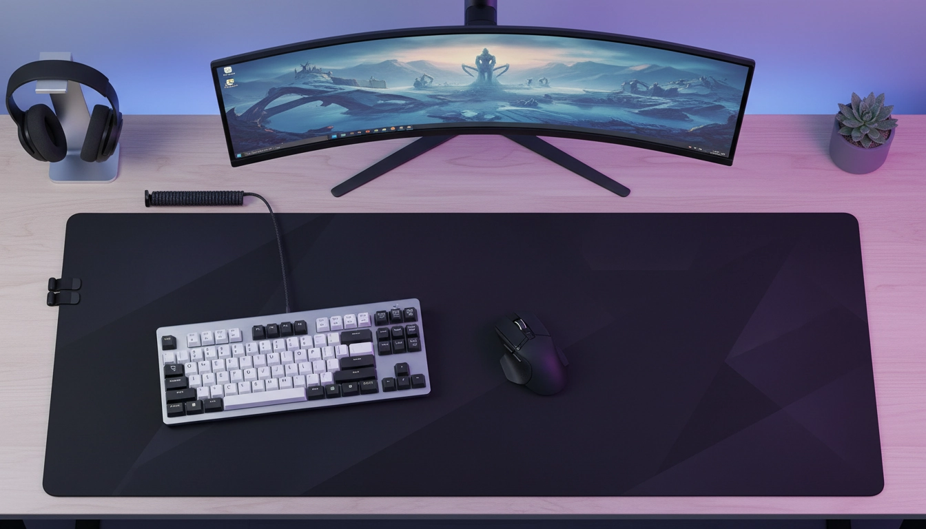 Vue de dessus d'un bureau gaming avec positionnement tapis souris XXL optimal et clavier décalé