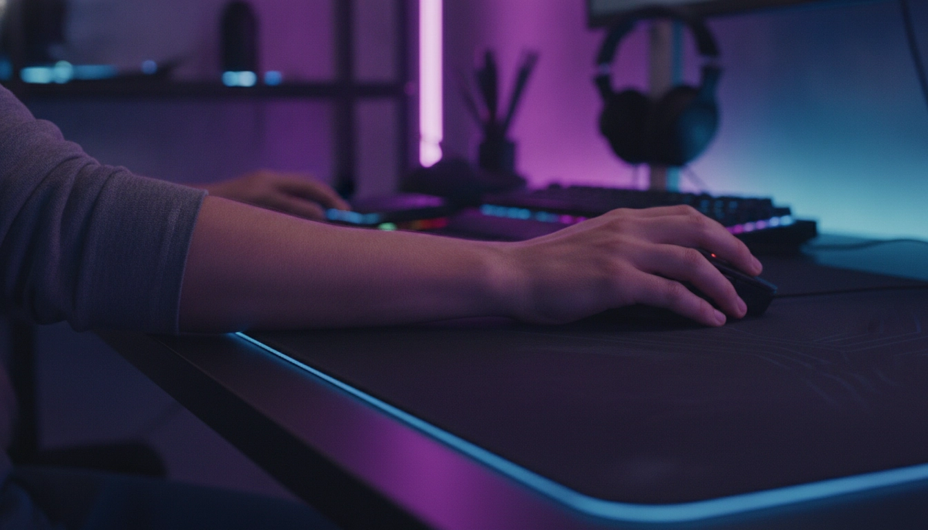 Alignement ergonomique du bras et du poignet sur un grand tapis de bureau pour joueur.