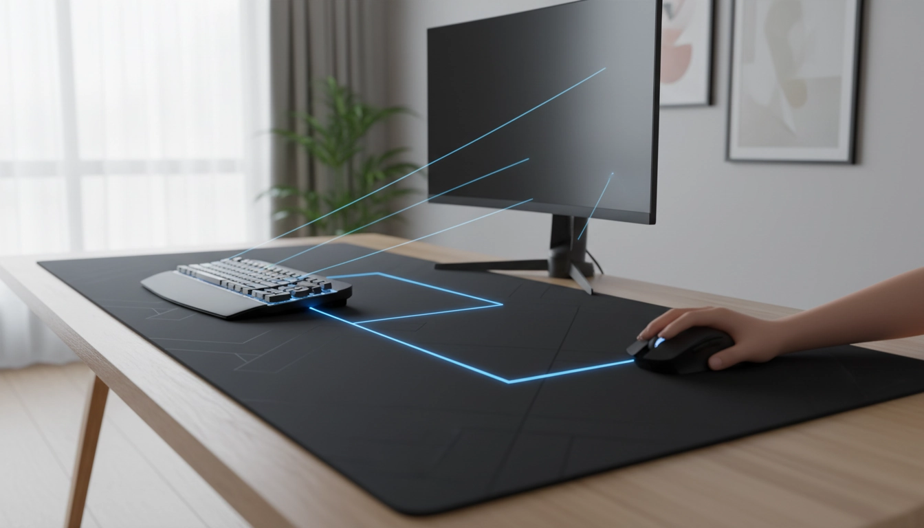 Positionnement optimal d'un tapis de souris XXL sur un bureau gaming avec clavier décalé et souris centrée