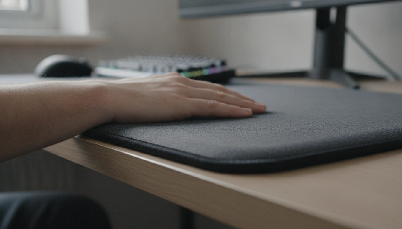 Détail de l'épaisseur d'un grand tapis de bureau dépassant légèrement pour protéger l'avant-bras de l'utilisateur