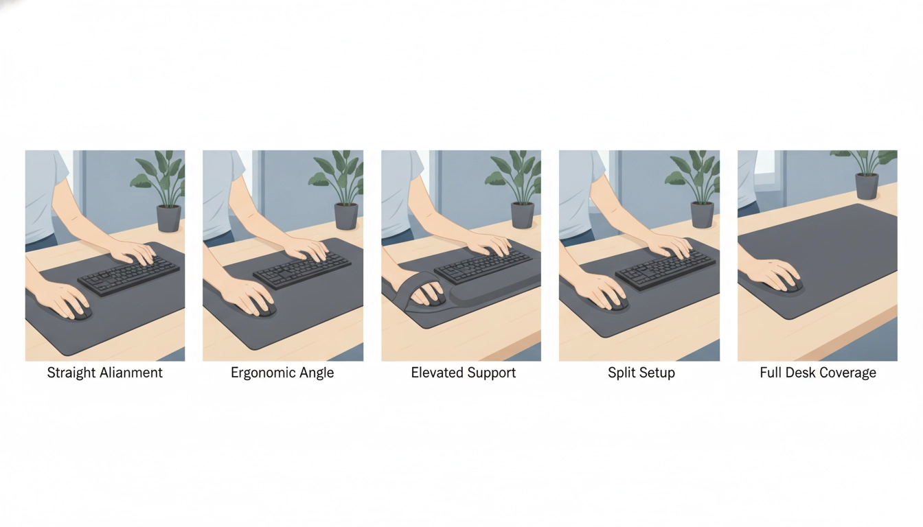 Un bureau ergonomique avec un grand tapis de souris correctement positionné sous les mains de l'utilisateur