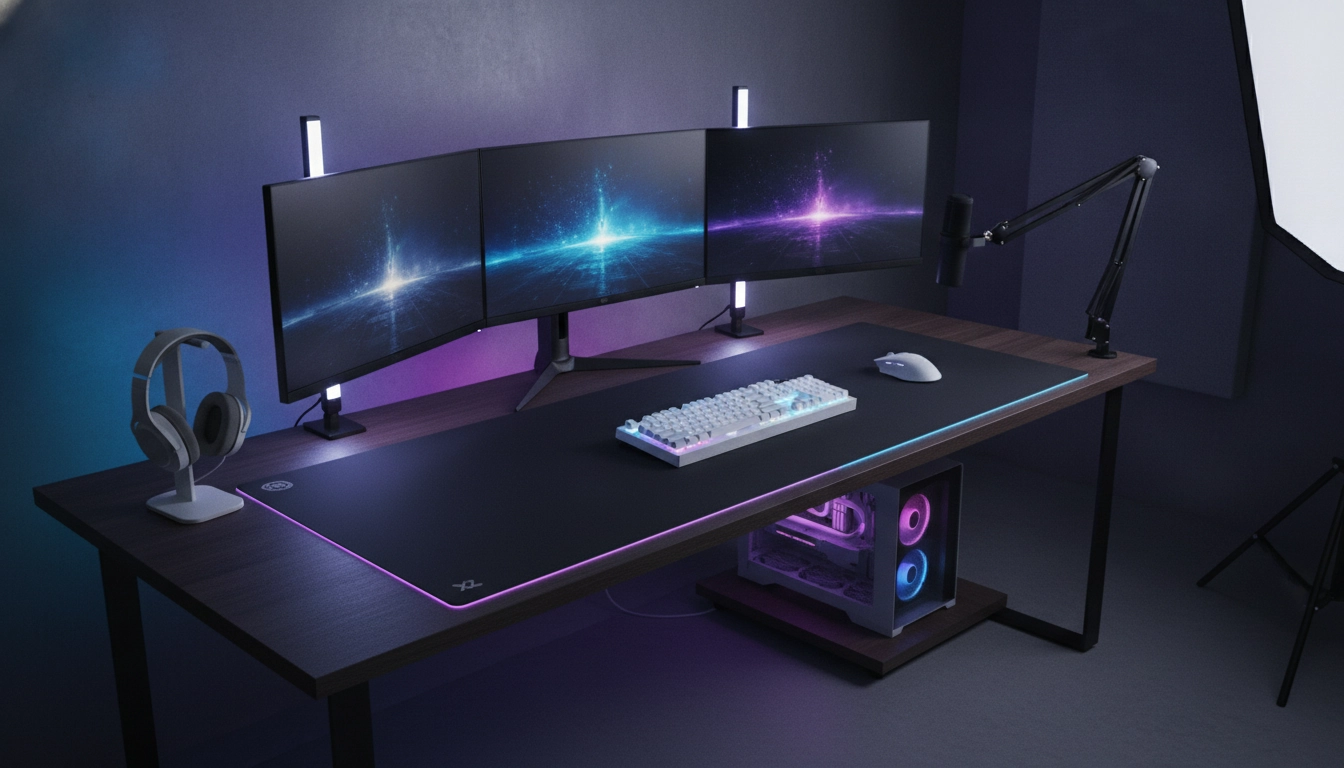 Configuration de bureau gaming avec un tapis de souris XXL pour positionner tapis souris XXL optimiser espace bureau gaming performance