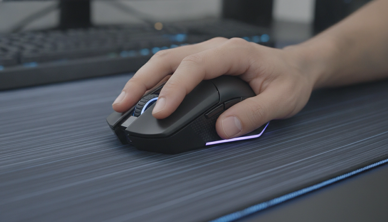 Gros plan sur la glisse précise d'une souris sur un tapis XXL optimisé