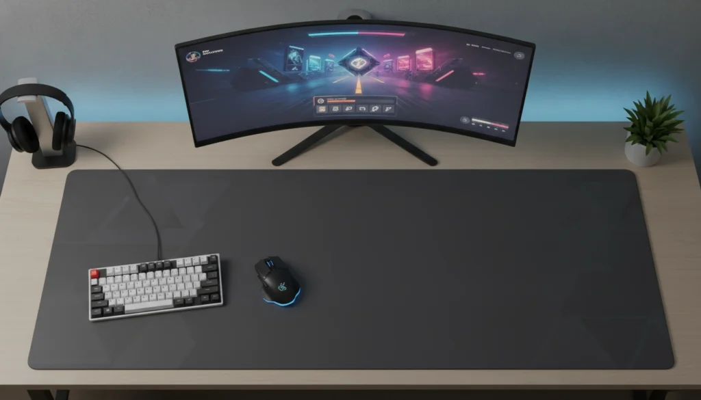 Un setup gaming organisé avec un grand tapis de souris XXL pour positionner tapis souris XXL optimiser espace bureau gaming performance
