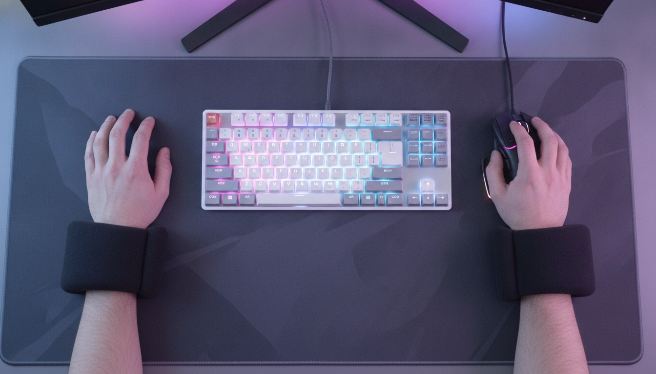 Placement idéal des mains sur un clavier et une souris ergonomiques pour joueur