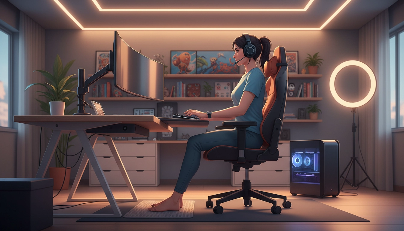 Joueur adoptant une posture gaming saine devant un setup ergonomique complet avec chaise réglable