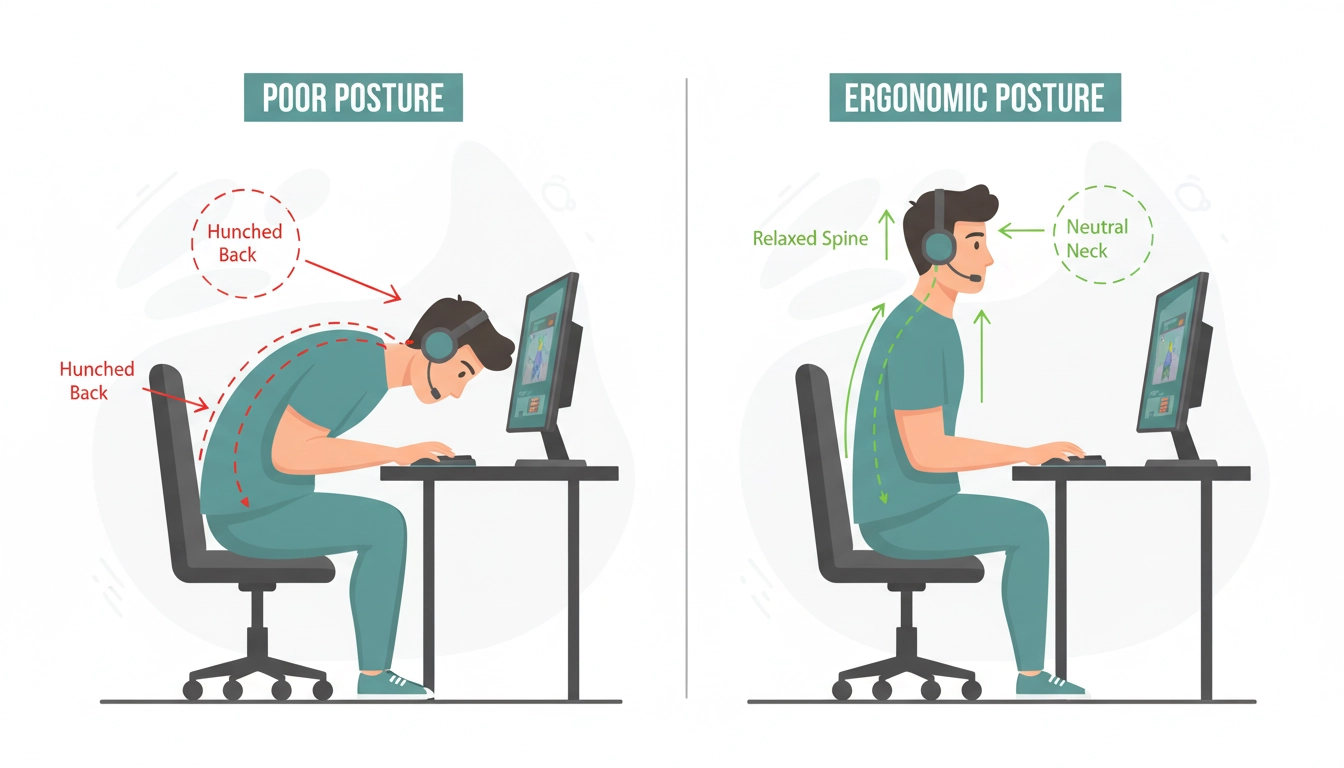 Comparaison entre une mauvaise posture gaming et une posture gaming saine avec alignement vertébral correct