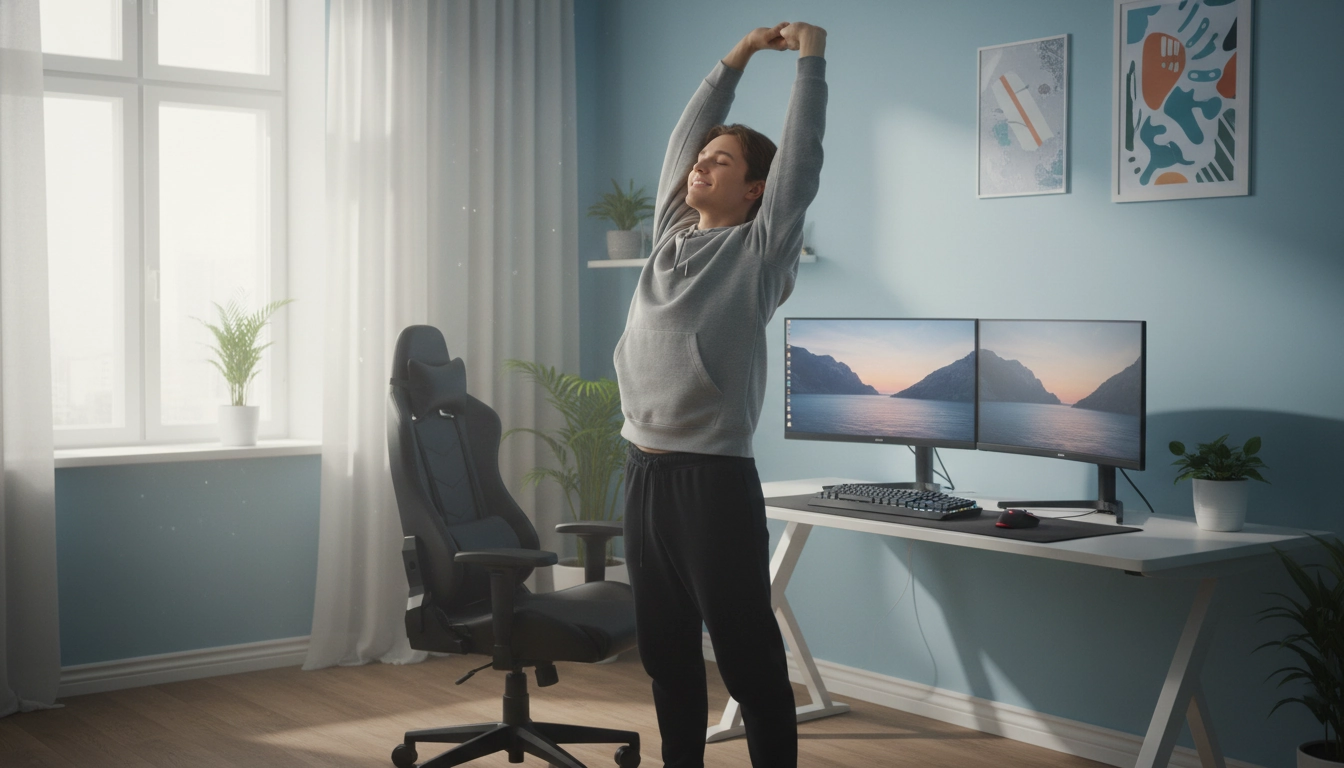 Gamer effectuant des étirements du dos pendant une pause pour maintenir une posture gaming saine