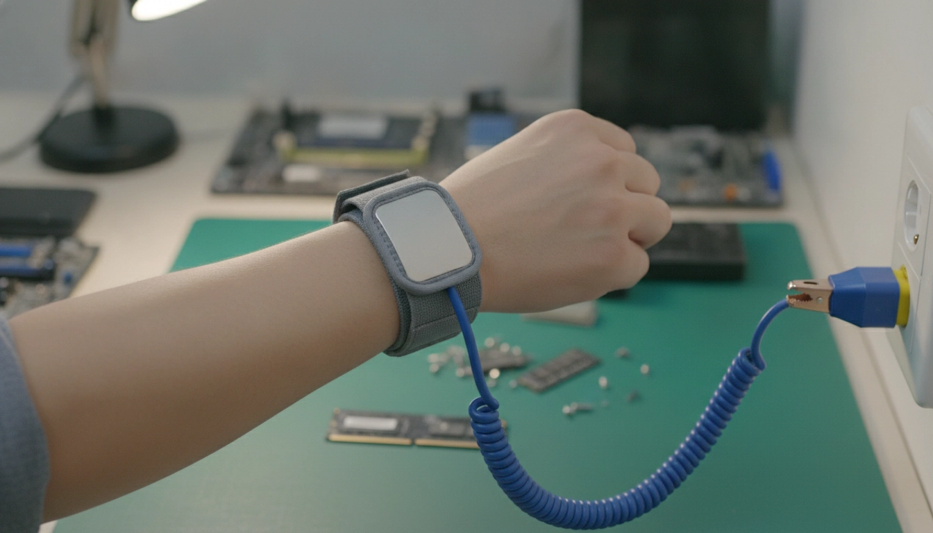Installation correcte d'un bracelet antistatique pour les précautions antistatiques assemblage PC, relié à une prise de terre