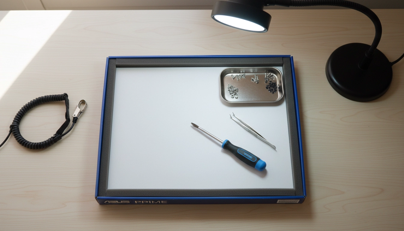 Espace de travail organisé pour la préparation assemblage PC avec tous les outils indispensables disposés sur un bureau propre