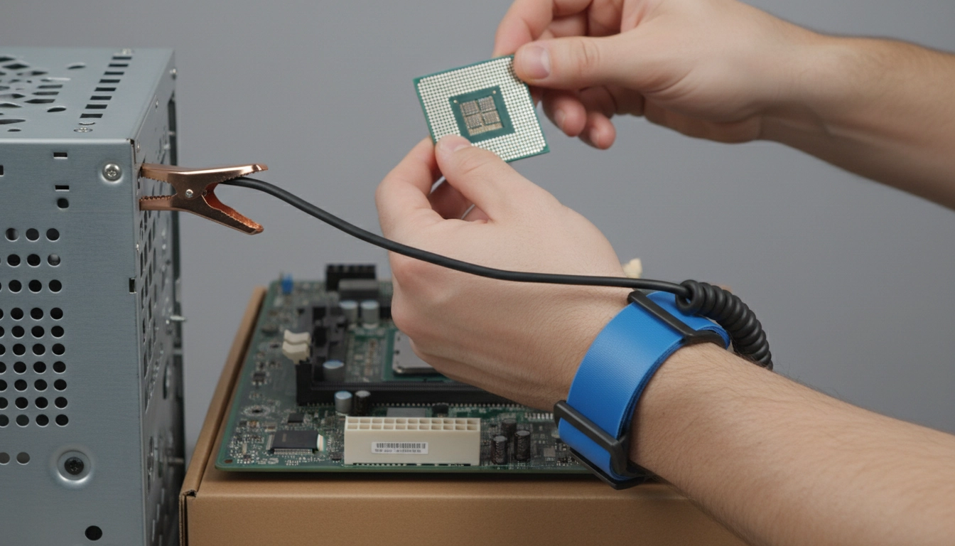 Manipulation sécurisée d'un processeur avec bracelet antistatique lors de la préparation assemblage PC
