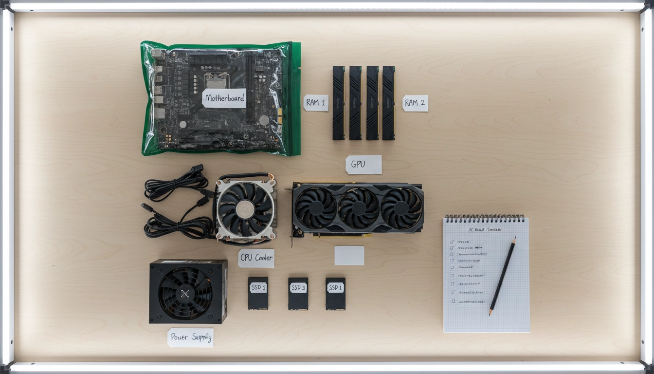 Organisation de tous les composants avant le montage pour une préparation assemblage PC sans stress et efficace