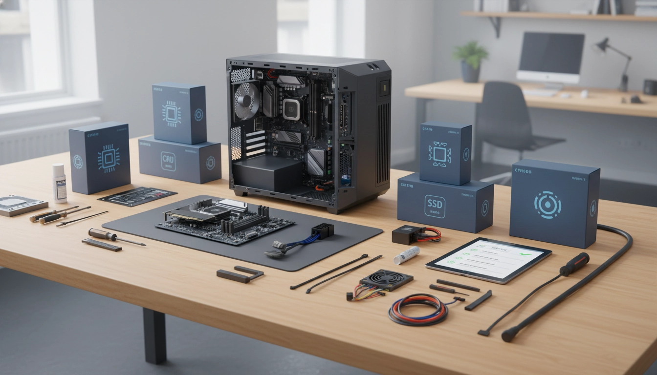 Guide complet de préparation assemblage PC avec outils et composants disposés sur un bureau bien éclairé