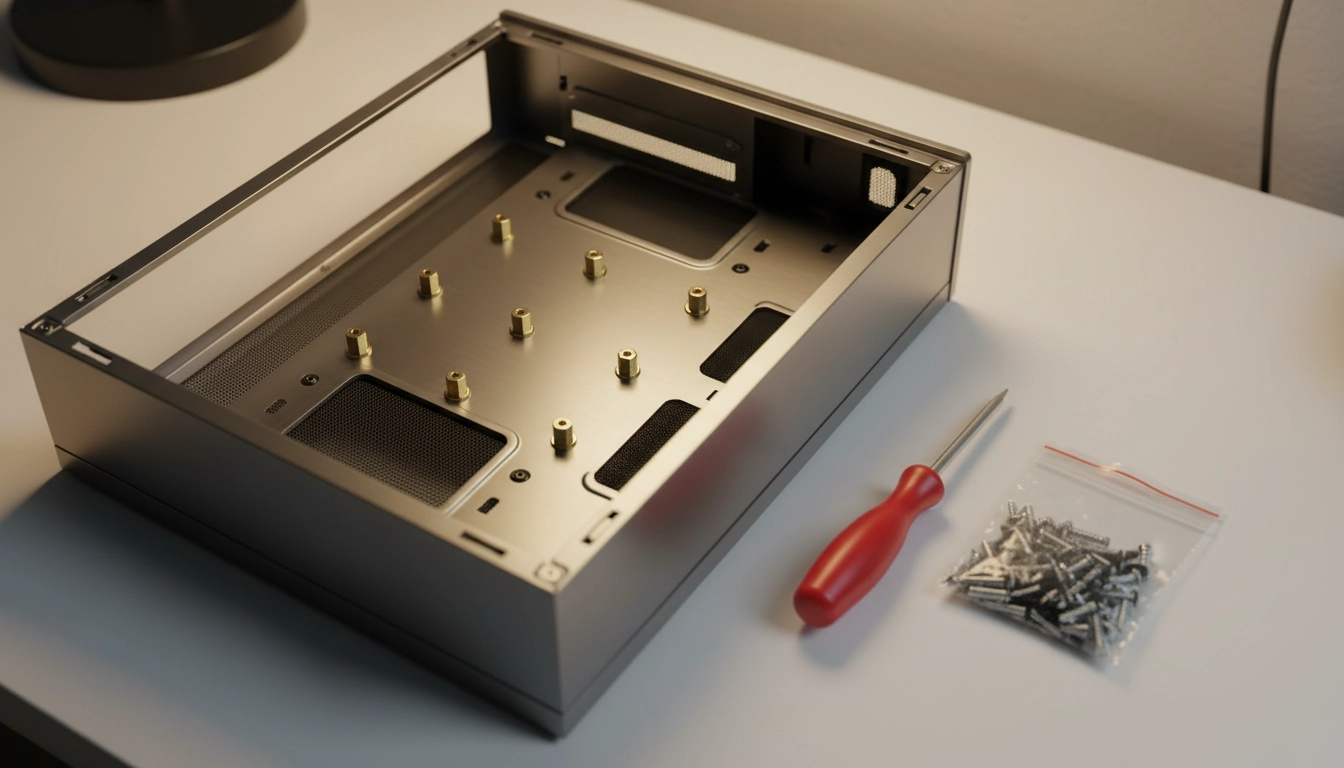 Préparation boîtier entretoises installation carte mère : plateau de boîtier PC avec entretoises en laiton vissées aux positions ATX correctes