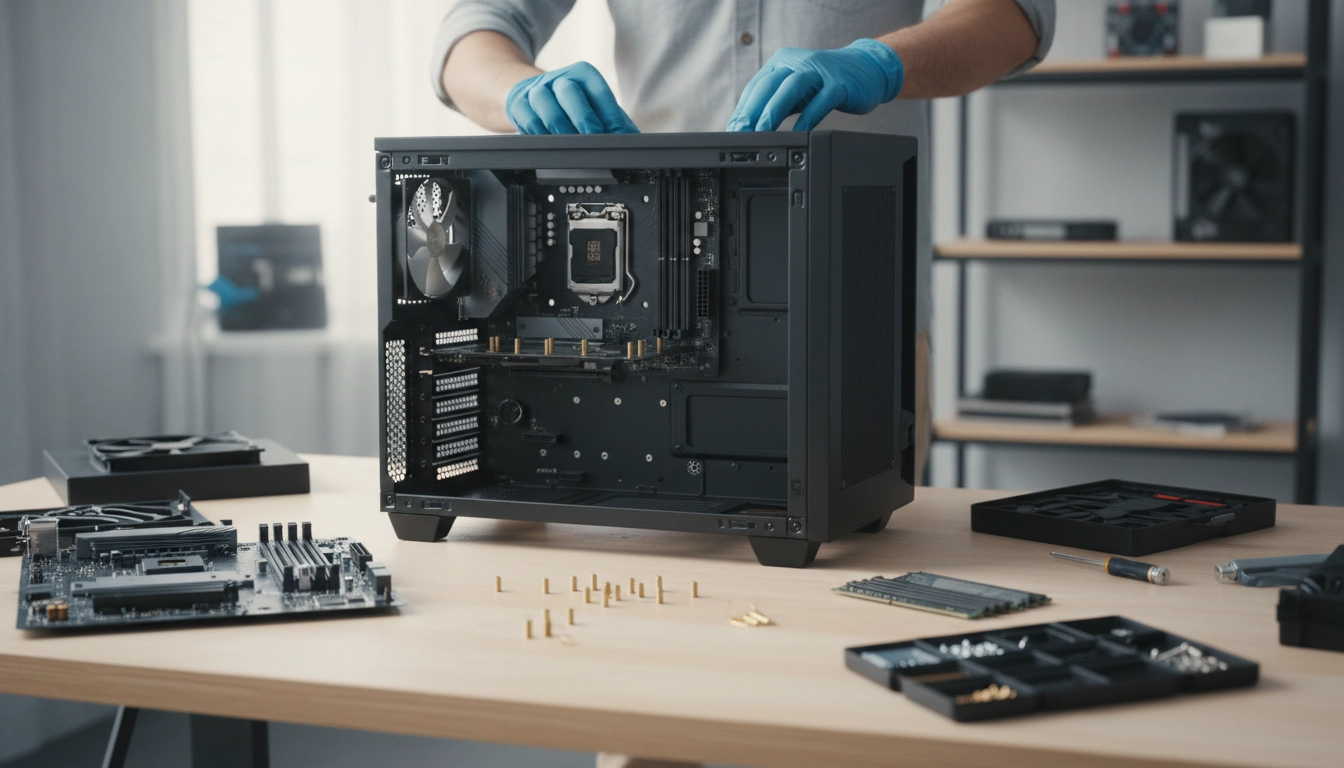 Préparation boîtier entretoises installation carte mère : vue détaillée d'un boîtier PC ouvert avec entretoises vissées sur le plateau