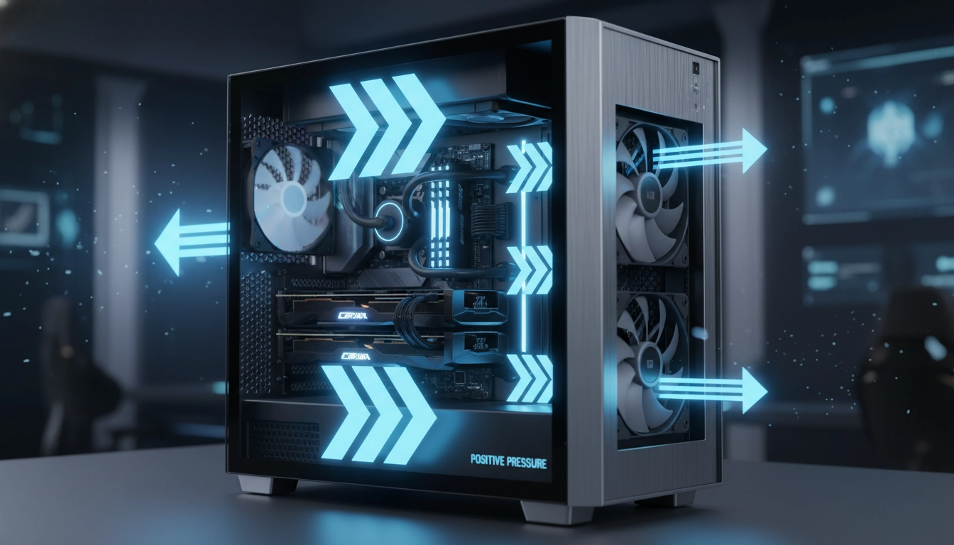 Schéma explicatif de la pression positive ou négative boîtier pc montrant l'air frais entrant par la façade.