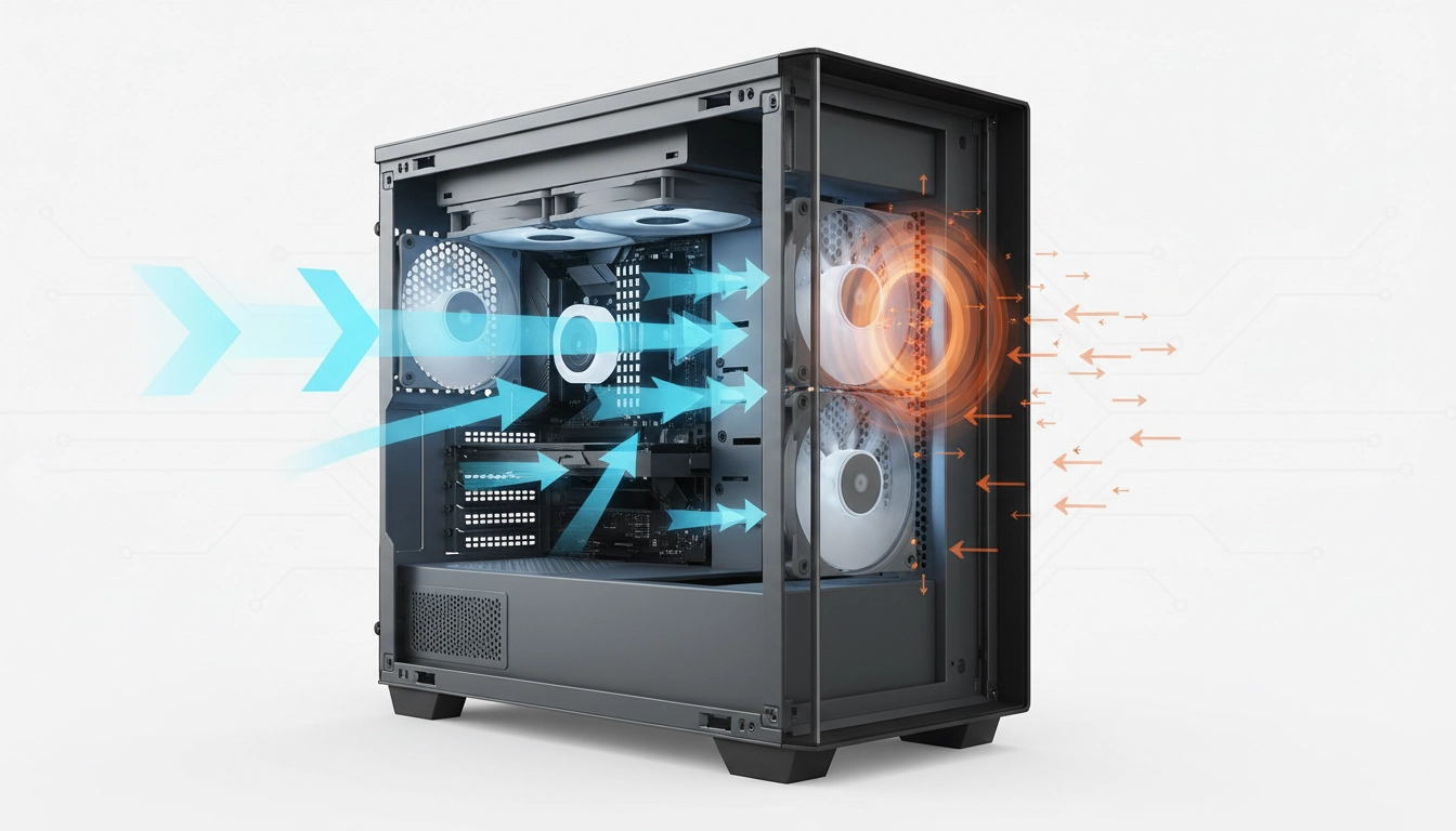 Schéma détaillé illustrant le flux d'air et la pression positive ou négative boîtier PC avec des ventilateurs en action.