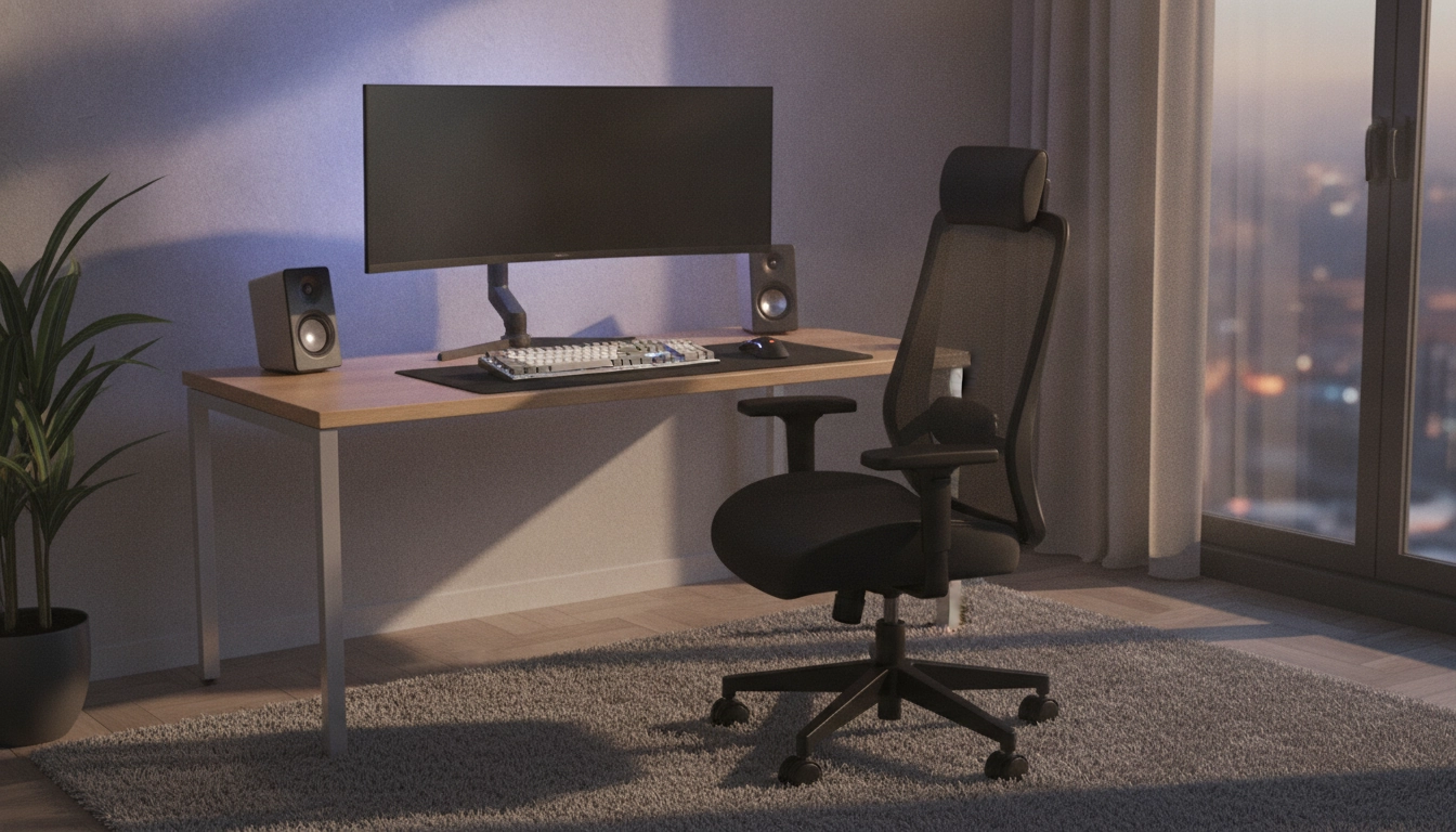 Setup informatique optimisé pour prévenir douleurs nuque épaules gaming avec bras articulé et clavier compact.