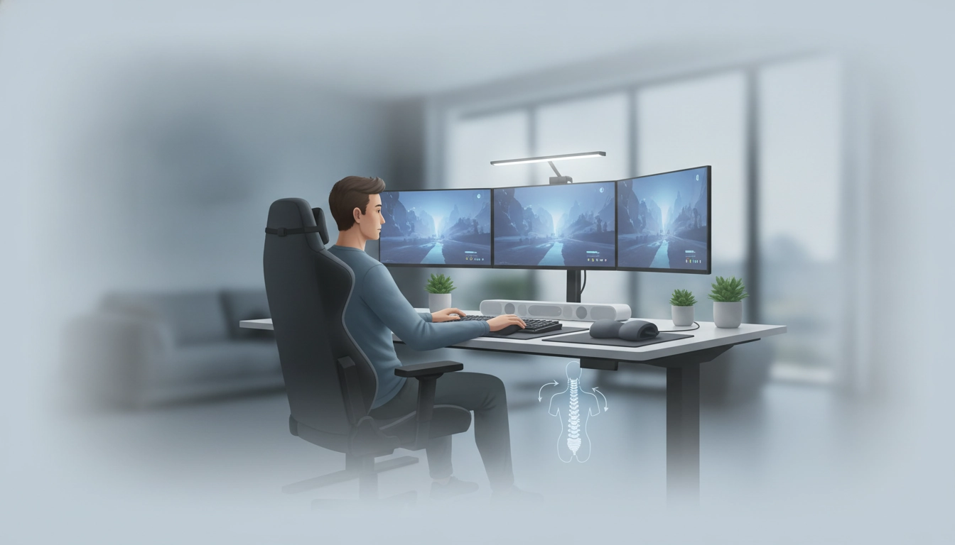 Joueur pc adoptant une posture ergonomique parfaite avec un dos droit pour éviter les douleurs articulaires.