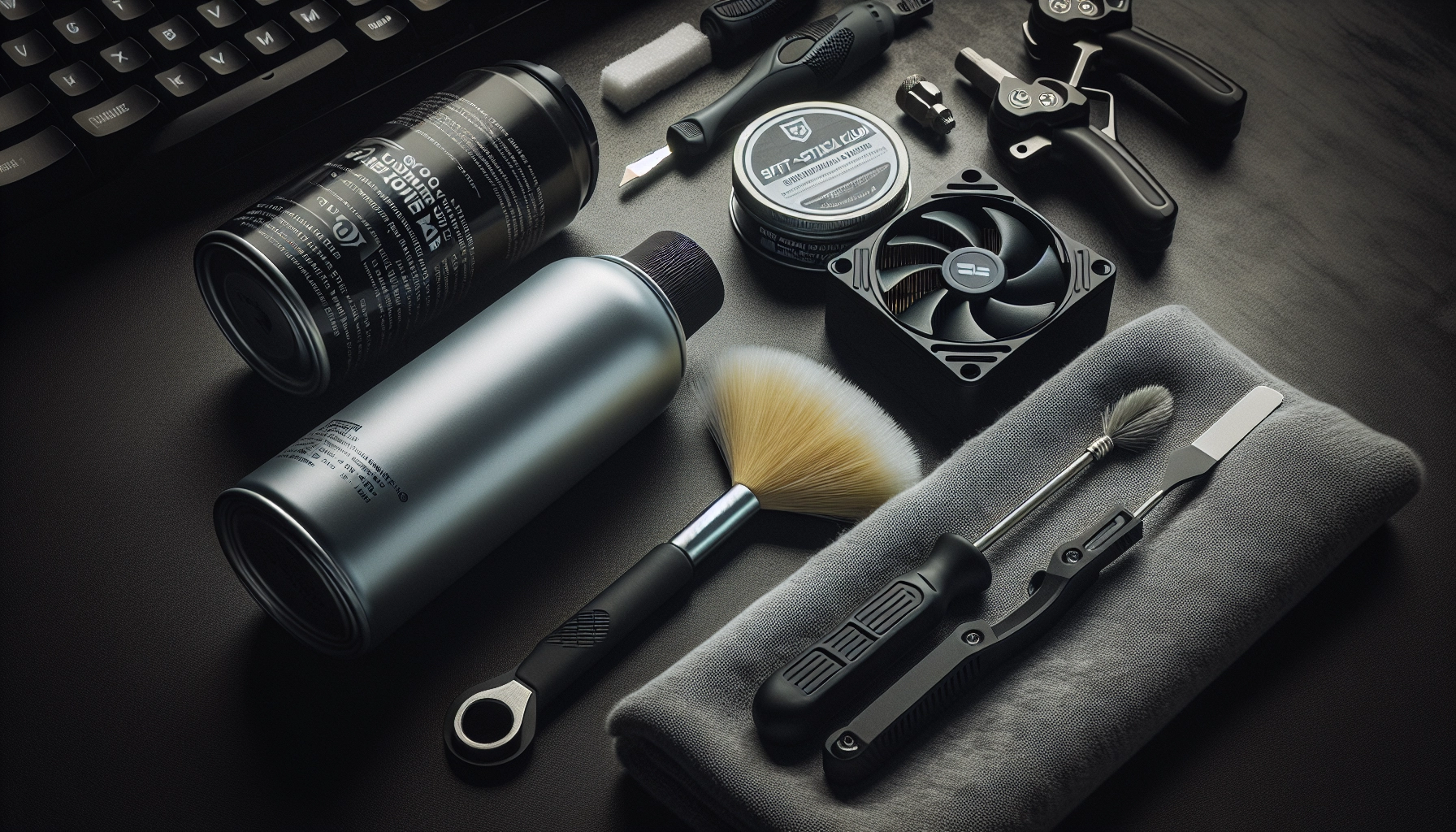 Outils de nettoyage pour l'entretien et la maintenance d'un PC gaming posés sur un bureau