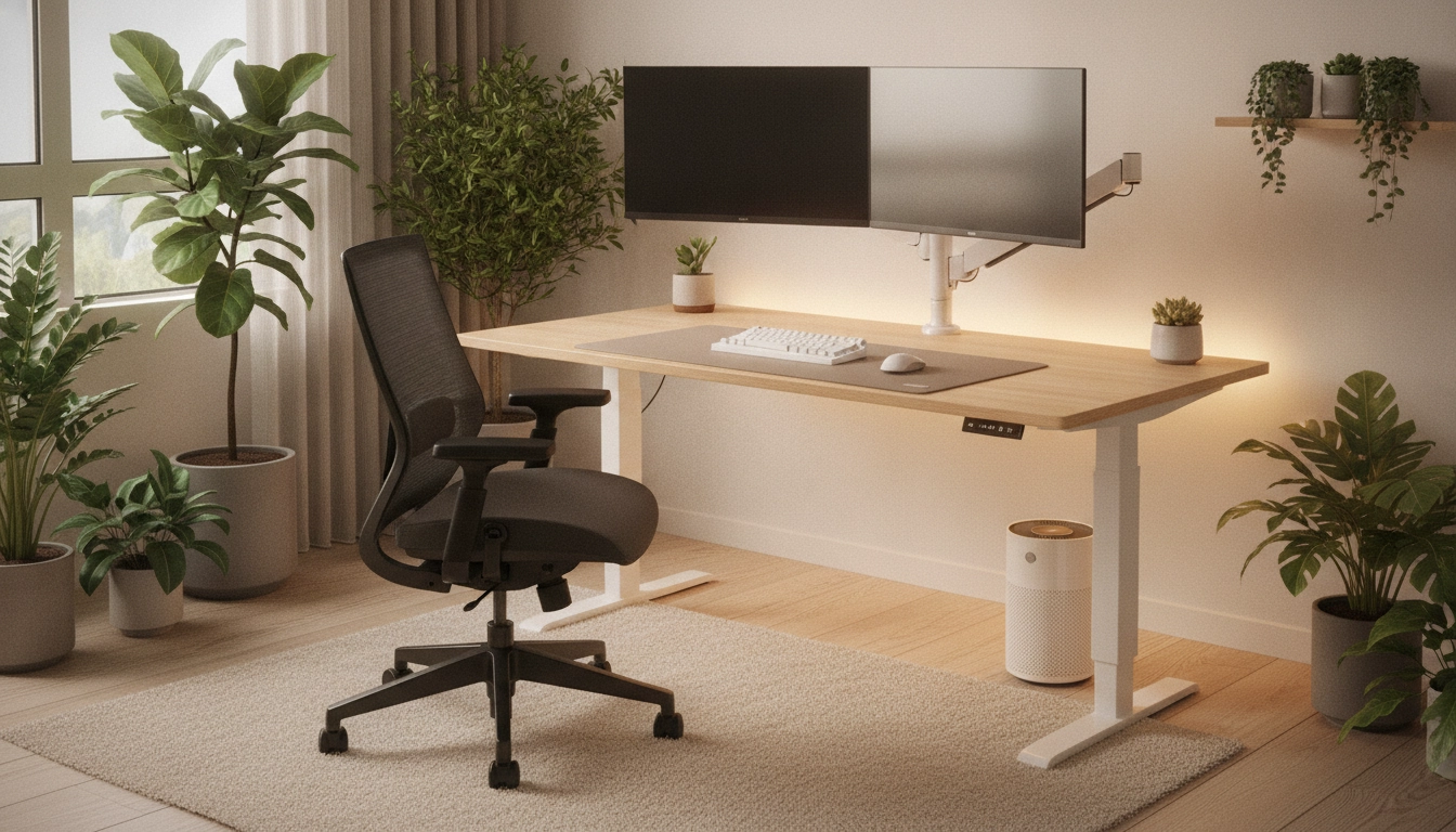 Bureau assis-debout et siège ergonomique en mesh pour soulager le dos pendant les sessions de jeu