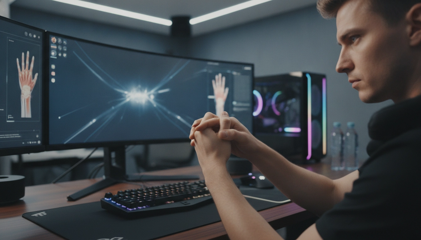 Illustration de la prévention pouce du gamer tendinite main avec des étirements adaptés.