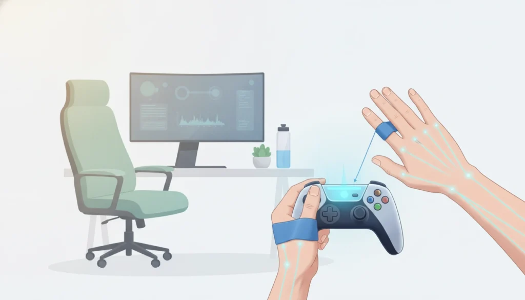 Un gamer pratiquant des exercices de prévention pouce du gamer tendinite main devant son PC.