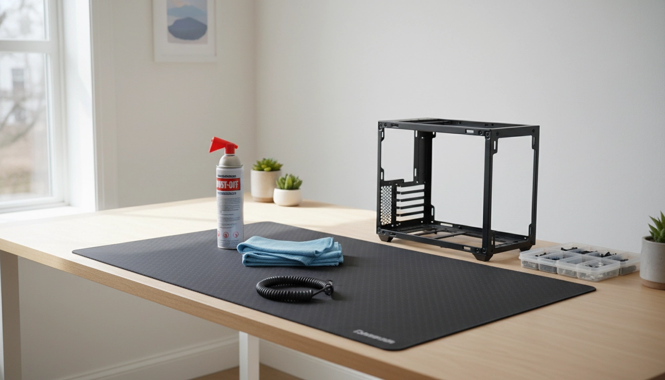 Outils essentiels pour la prévention poussière avant assemblage pc sur un bureau stérile