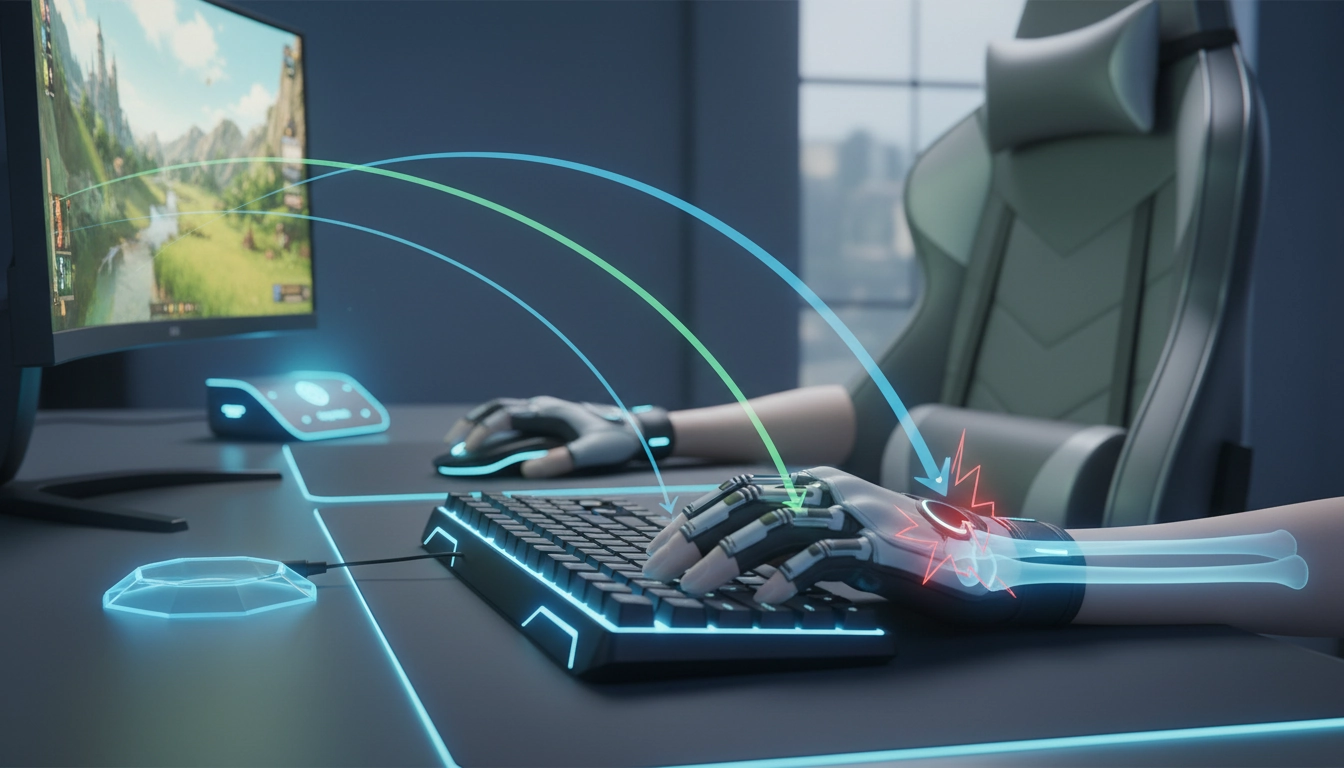 Joueur appliquant les règles de prévention syndrome du canal carpien gaming avec un setup ergonomique