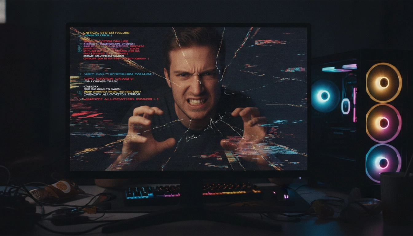Joueur frustré face aux problèmes courants logiciels optimisation jeux sur son écran.