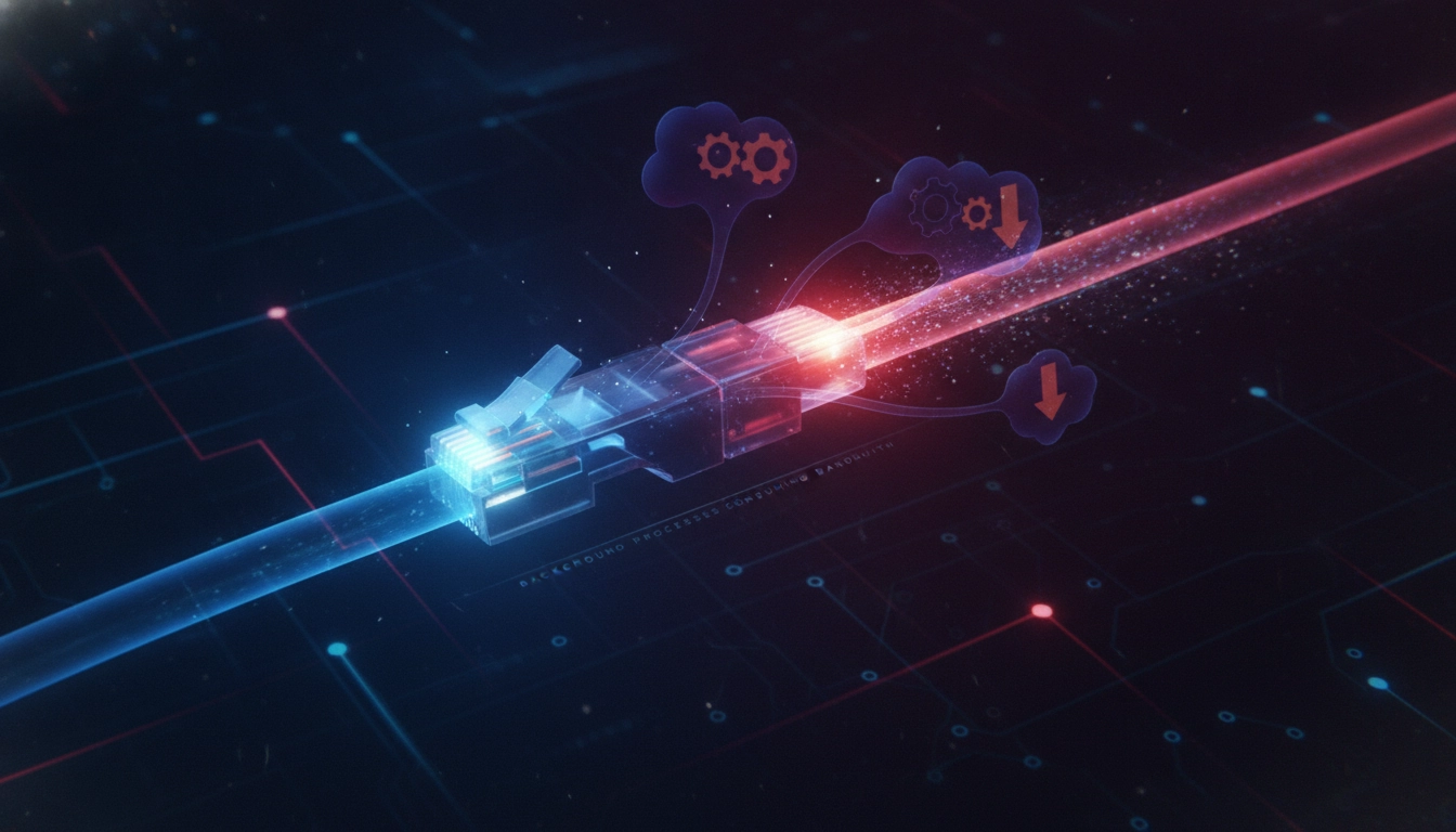 Illustration technique montrant comment un processus arrière-plan impact latence connexion gaming en saturant le réseau.