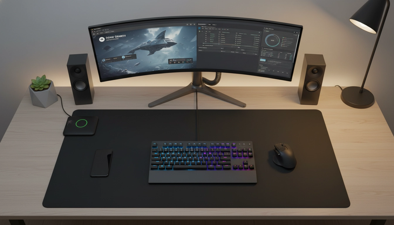 Vue de haut d'un bureau illustrant le positionnement tapis souris XXL bureau profondeur idéale.