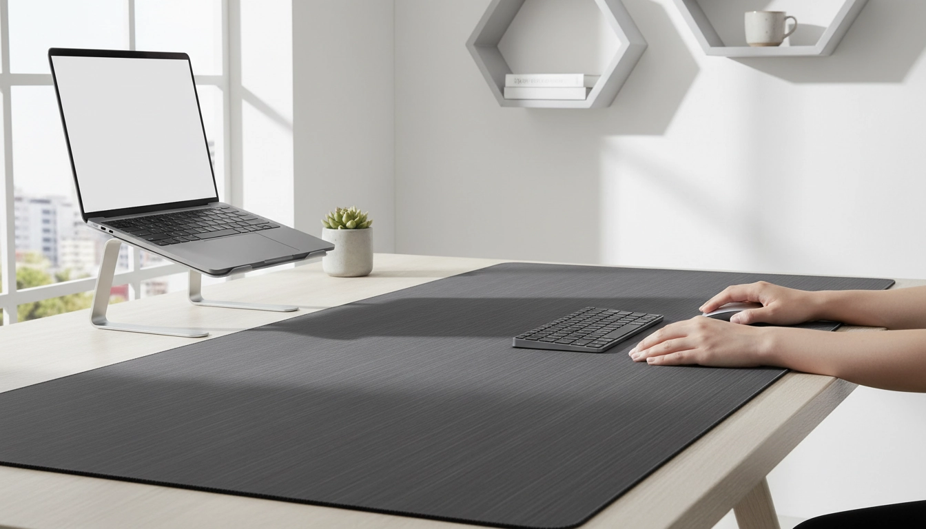 Illustration d'un bureau avec le positionnement tapis souris XXL bureau profondeur idéale pour une ergonomie optimale.